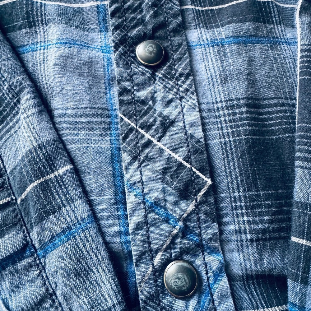 American Eagle Vintage Fit Plaid Pearl Snap Western Shirt Men's Size Medium Blue - Picture 7 of 9